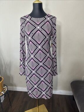 Karen Kane Black, White & Pink Geometric Long-Sleeve Sheath Dress